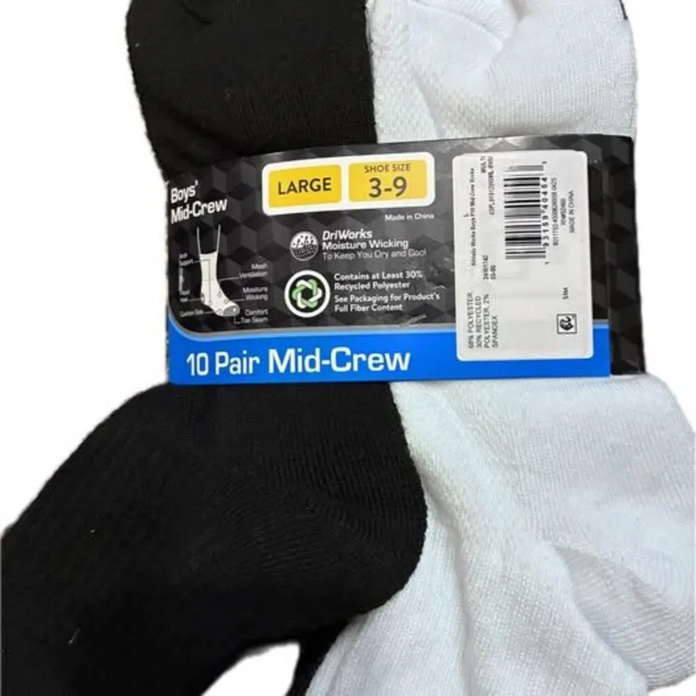 Athletic Works Boys Mid-Crew Socks- Two 10 Pair Packs - Large Shoe Size 3-9